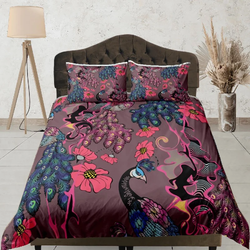 Peacock Floral Duvet Cover Violet Bedspread, Dorm Bedding Set Double