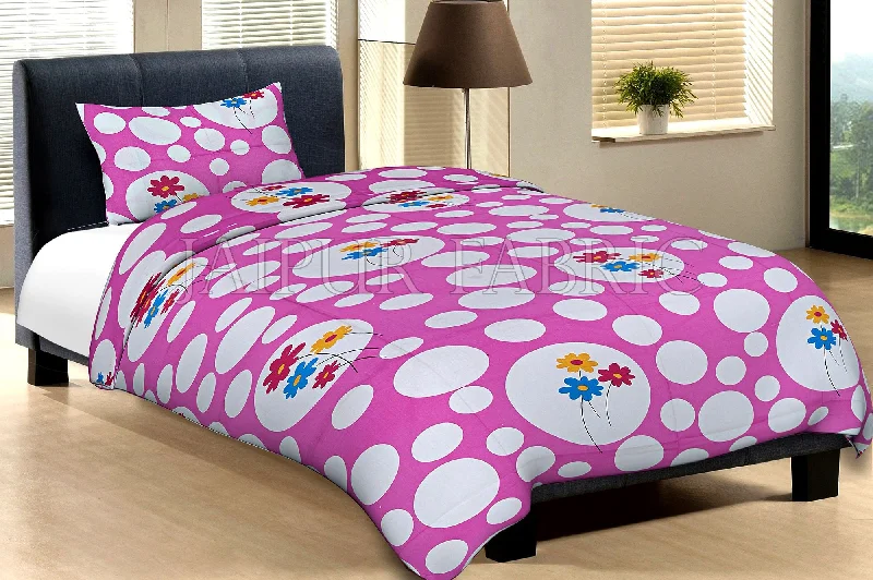 Pink Base With Large And Small Polka Dot And Flower Print Cotton Single Bed Sheet with 1 pillow cover