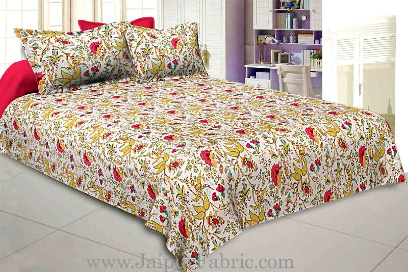 pink brown floral hand block print off white base pure cotton bedsheet with 2 pillow covers