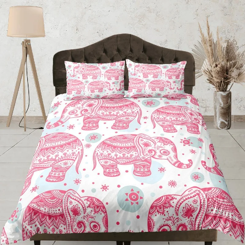 Pink Elephant Duvet Cover Set Boho Bedding, Bohemian Dorm Bedding with Pillowcase