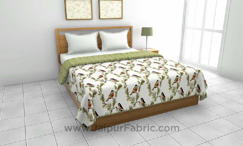 Pure Cotton Green Indian Bird Pattern Reversible Double Bed Dohar