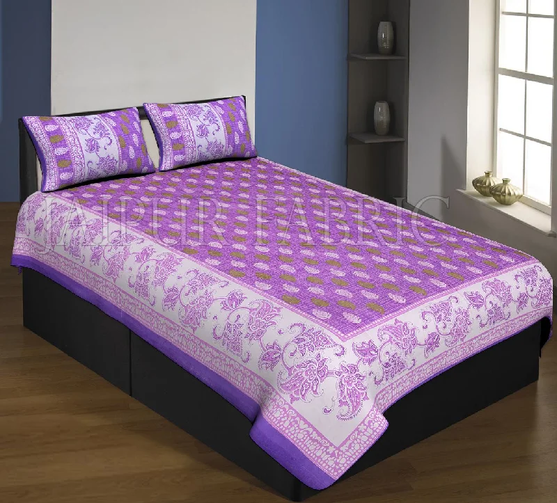 Purple Boarder And Base With Flower And Leaf Print Single Bed Sheet With 2 Pillow Cover