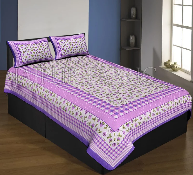 Purple Boarder With Check Print And Dot Flower Pattern Single Bed Sheet With 2 Pillow Cover