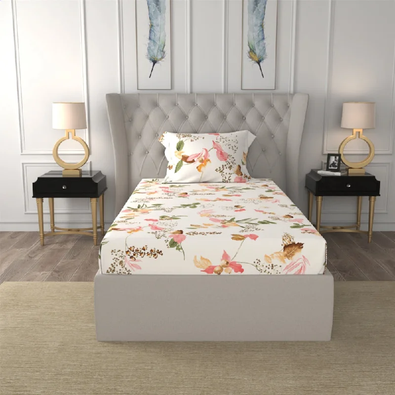 Regal Collection - Breathable 200 TC 100% Pure Cotton Single Bedsheet with Pillow Cover, Cherry Blossom- Peach