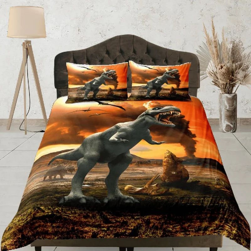 Sci-Fi Orange Duvet Cover Set Dinosaur Bedspread, Animal Dorm Bedding & Pillowcase