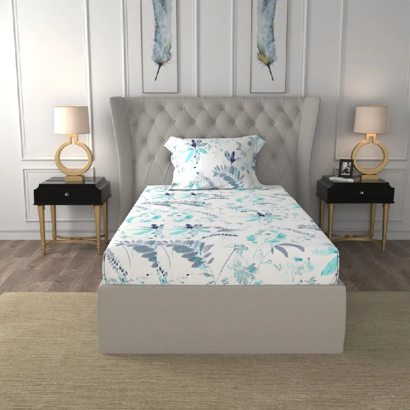 Serene 200 TC 100% Cotton Single Bedsheet with Pillow Covers - Floral Feast Turquoise