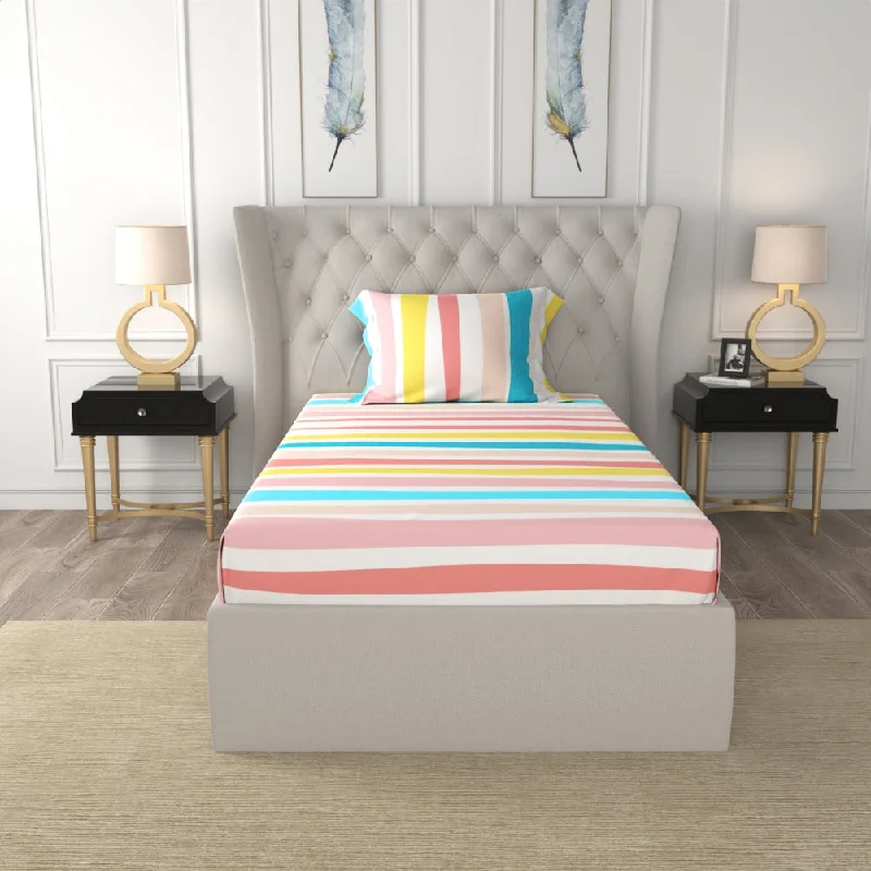 Serene Collection - Breathable 200 TC 100% Pure Cotton Single Bedsheet with Pillow Cover, MultiColour Stripes-Pastel