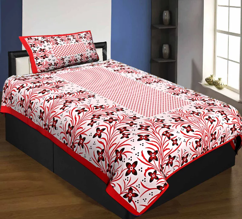 Single Bedsheet Pure Cotton Red Border with Flower and Leaf Pattern