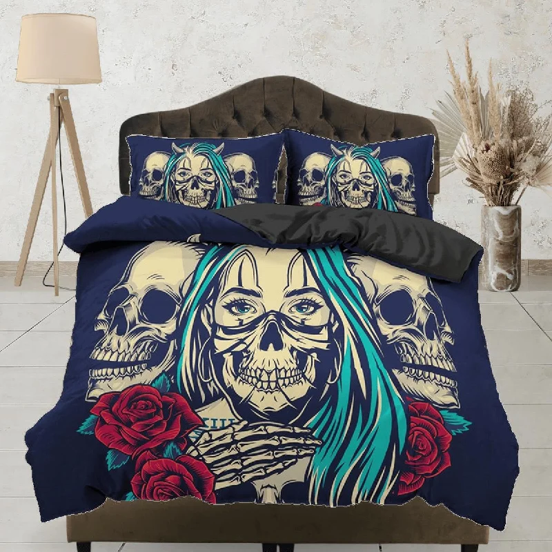 Skull and Roses Black Duvet Cover Set Gangster Bedspread Dorm Bedding Pillowcase Comforter Cover