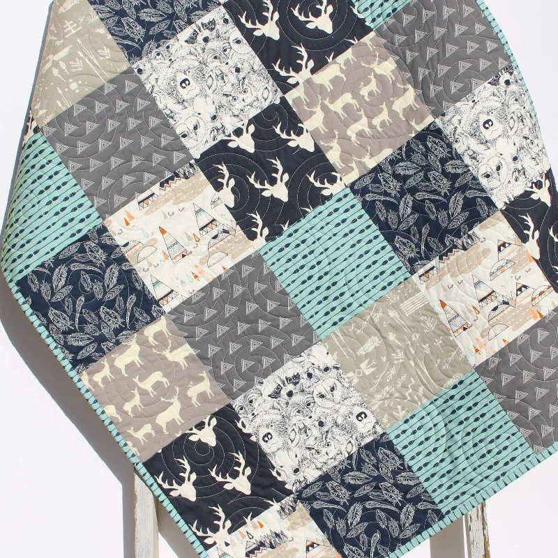 Teepee Deer Boy Quilt, Blue Woodland Bedding Baby and Toddler