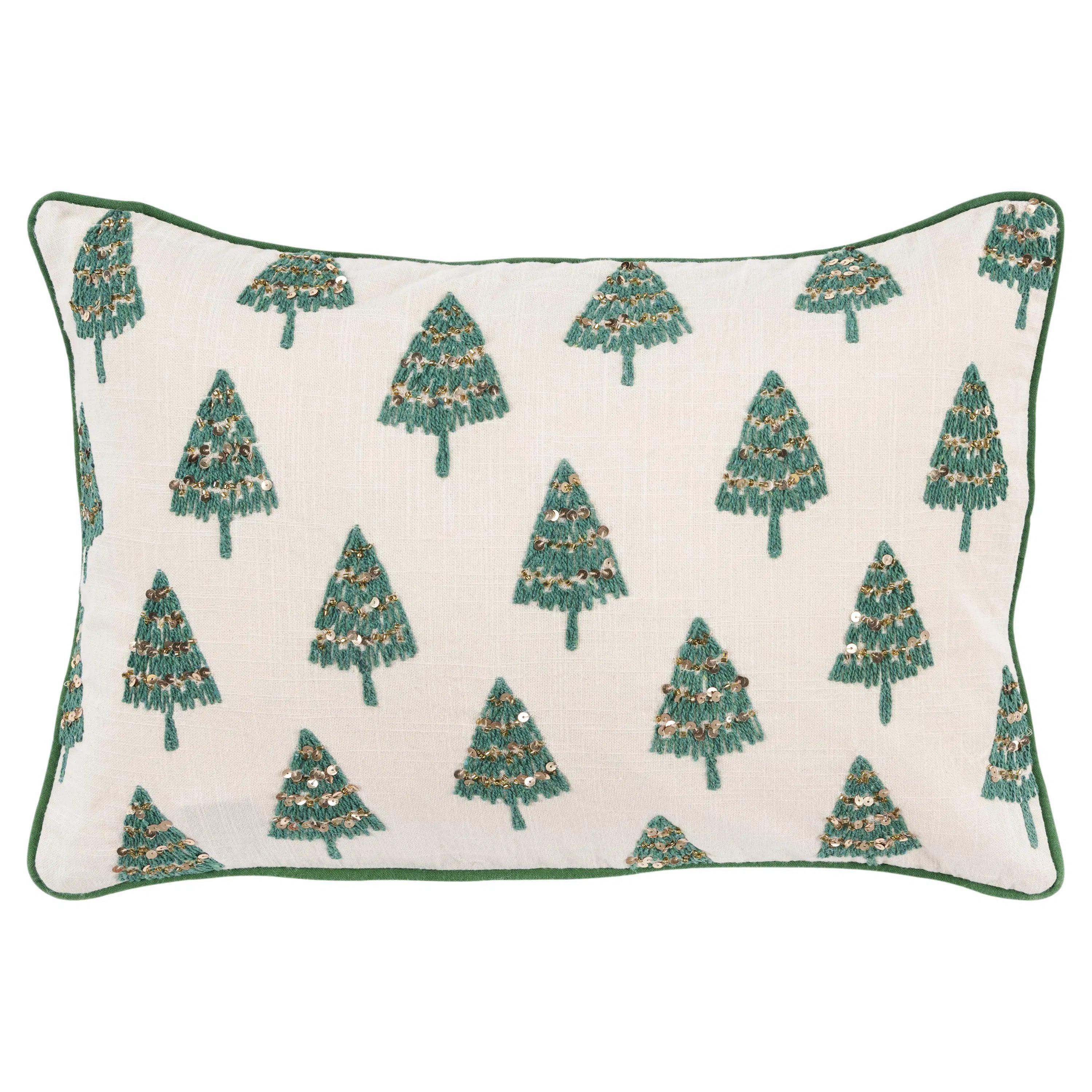 White Christmas Trees Green Lumbar Pillow With Insert