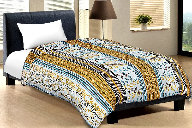 White Base Yellow And Multi Colour Lining With Leaf Pattern Cotton Single Bed Sheet without pillow Cover