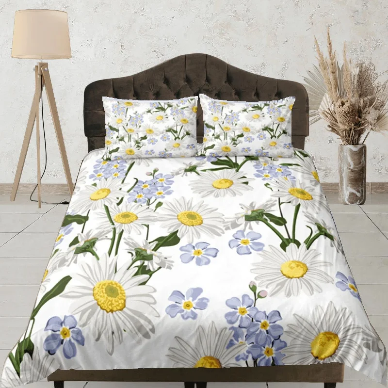 White Duvet Cover Set Botanical Bedspread Dorm Bedding Set Daisy Bedding Single