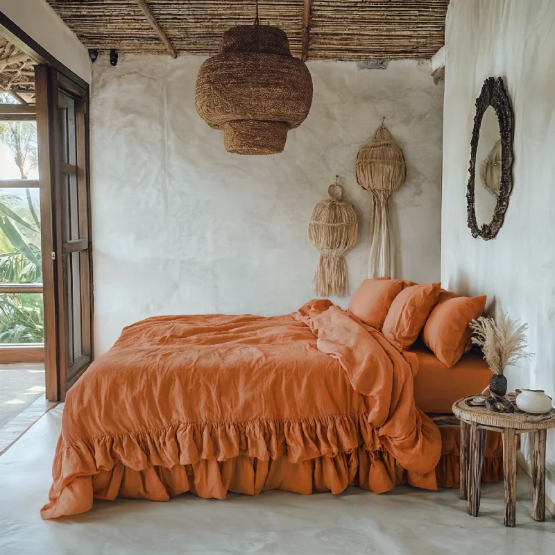 Rust linen triple ruffled duvet cover