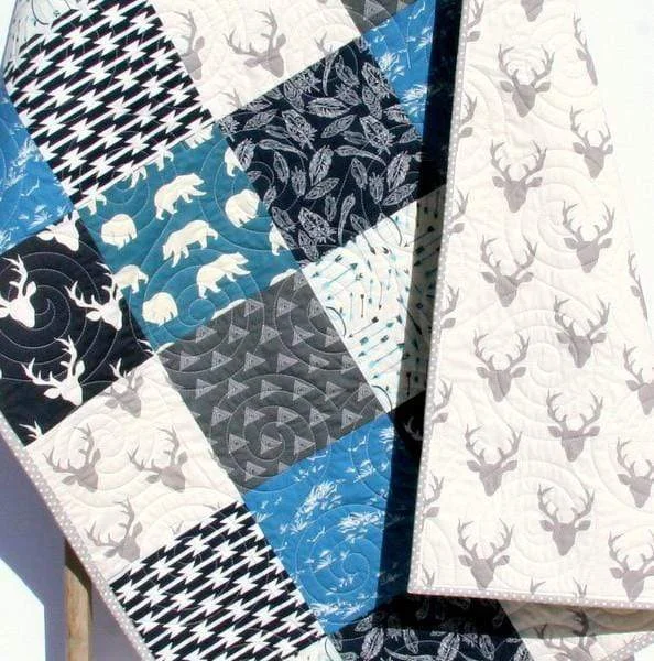 Woodland Boy Quilt, Navy Blue Nursery Bedding, Arrows Deer Buck Aztec