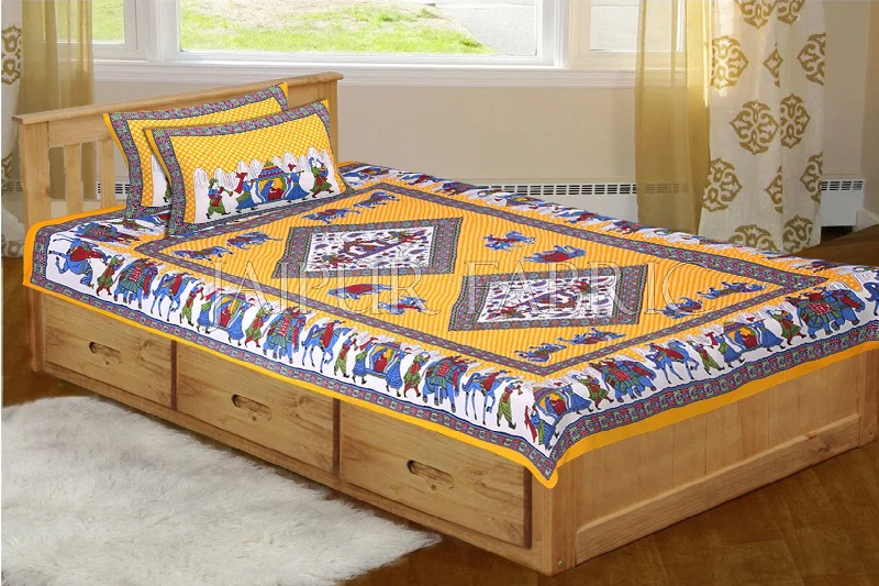 Yellow Base Jaipur Doli Design with Elephant Print Single Bed Sheet