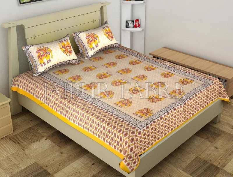 Yellow Big Size Elephant Printed Cotton Single Bed Sheet