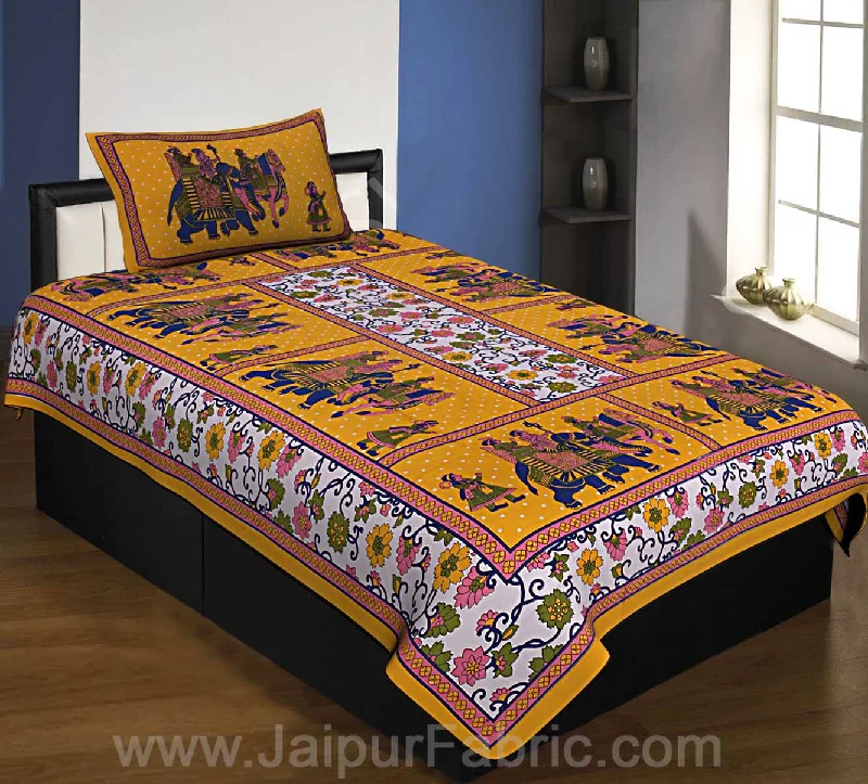 Yellow Border Big Elephant Printed Cotton Single Bed Sheet