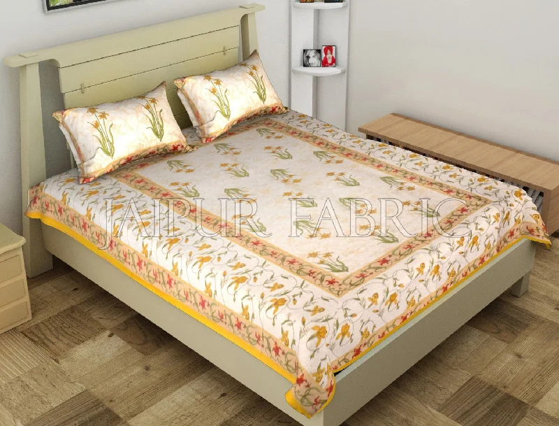 Yellow Border Lotus Floral Printed Cotton Single Bed Sheet